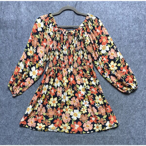 Billabong Dress Womens Large Black Floral Smocked Long Sleeve Boho Mini